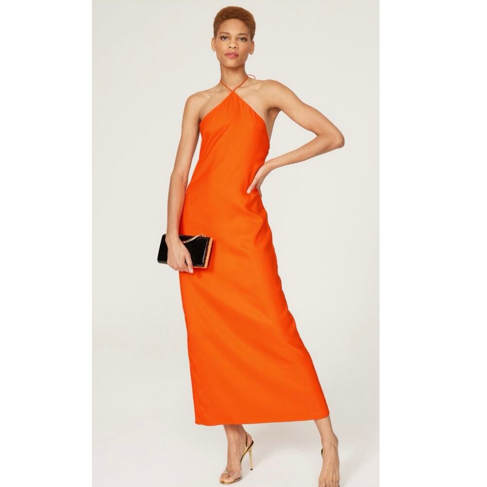 OBANDO Orange Satin A-Line Crisscross Halter Neckline Sleeveless Dress size 6